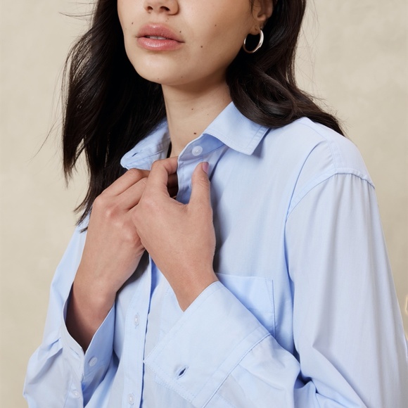 New! BANANA REPUBLIC 100% Cotton Boxy Crop Shirt in Soft Pink, Size Large - Picture 3 of 6